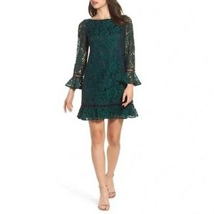 Eliza J. Bell Sleeve Lace Shift Dress Dark Green Ruffle Hem Floral Size 14 EUC
